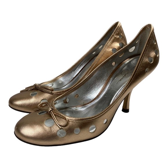 Jessica Simpson Heels Pumps Gold Leather Laser Cut Womens 8.5B Made in Brazil - Picture 2 of 10